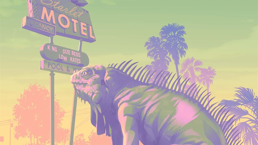 Port Gellhorn : l'enseigne du Starlet Motel et un iguane au premier plan