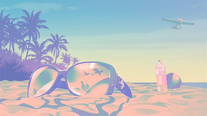 Les Keys de Leonida : lunettes de soleil posées dans le sable, palmiers et hydravion