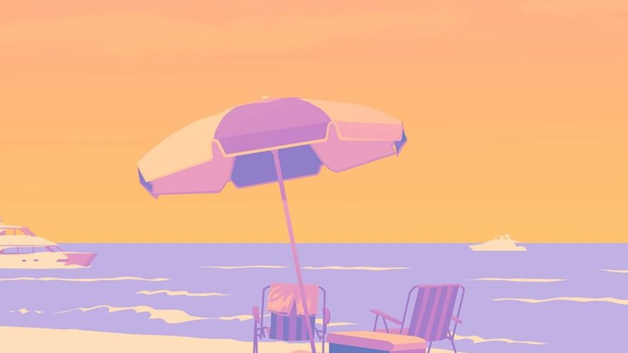 Vice Beach : parasol, fauteuils de plage et yacht au coucher du soleil